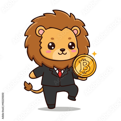 cute icon character Cute cartoon lion wearing a suit and holding bitcoin.