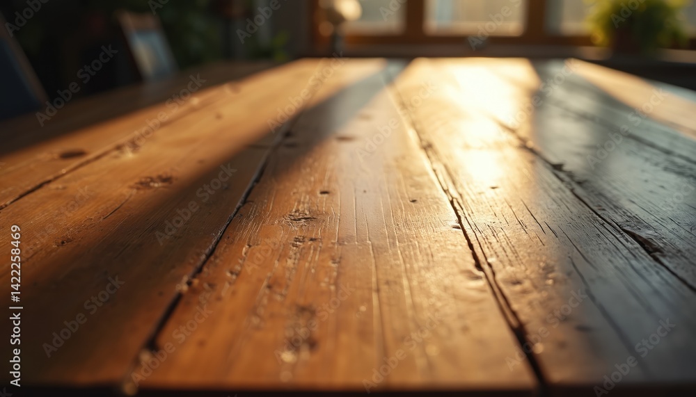 Close-up of wooden table surface with natural wood grain texture. Warm afternoon light highlights rich wood tones. Rustic table interior decor element, perfect background for design projects product Close-up of wooden table surface with natural wood grain texture. Warm afternoon light highlights rich wood tones. Rustic table interior decor element, perfect background for design projects product