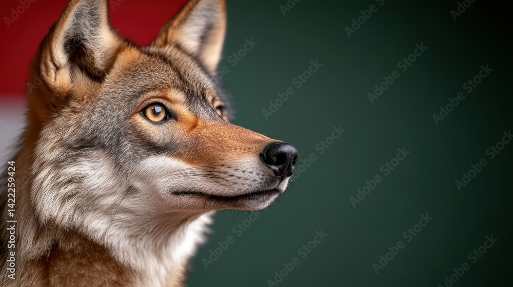 Fototapeta premium A striking close-up of a wolf showcasing its intense gaze, with a blurred vibrant background that highlights the animal's beauty and sharp features brilliantly.