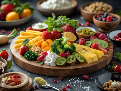 Chicken breast fillet and buckwheat bowl grilled butternut squash and fresh vegetable salad with arugula and tomatoes healthy food lunch menu top view