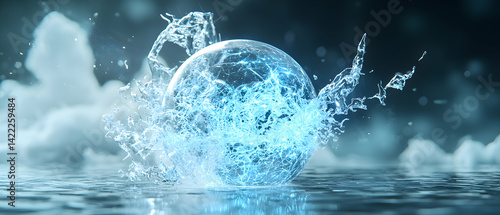 A glowing orb of water explodes outwards. Suggests energy flow and fluidity. Great for sci-fi fantasy art and abstract visuals promoting water and life.