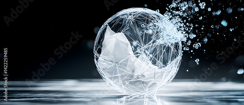 A futuristic orb shatters revealing its components. Perfect for tech presentations or conceptual art projects symbolizing deconstruction or evolution. Impressive visual effect.