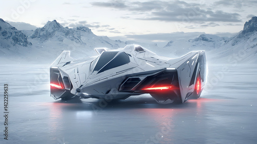 A futuristic vehicle design set on a frozen landscape. The stark white car with red lights creates a striking contrast against the snowy backdrop. Application in sci-fi movies and concept art.