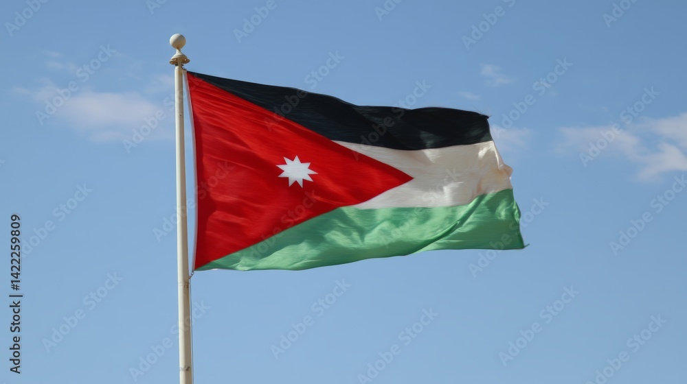 Naklejka premium Jordanian flag waving on a clear blue sky day