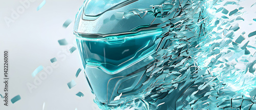 Futuristic helmet disintegrating. Great for sci-fi book covers game art or digital designs. Visualize technological evolution and destruction for impactful visuals.