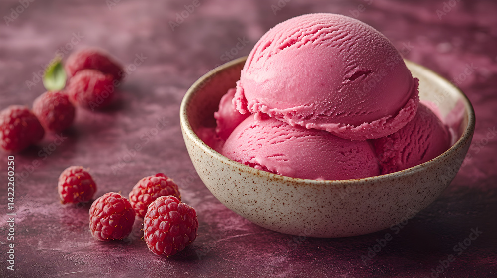 Raspberry gelato with smooth texture and vibrant red color served in a small bowl