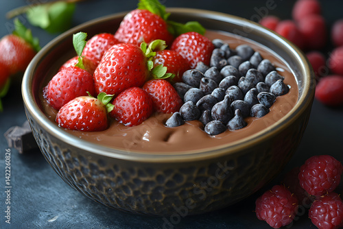 Obraz na płótnie Rich chocolate fondue with fresh fruit and creamy melted chocolate in a pot w salonie