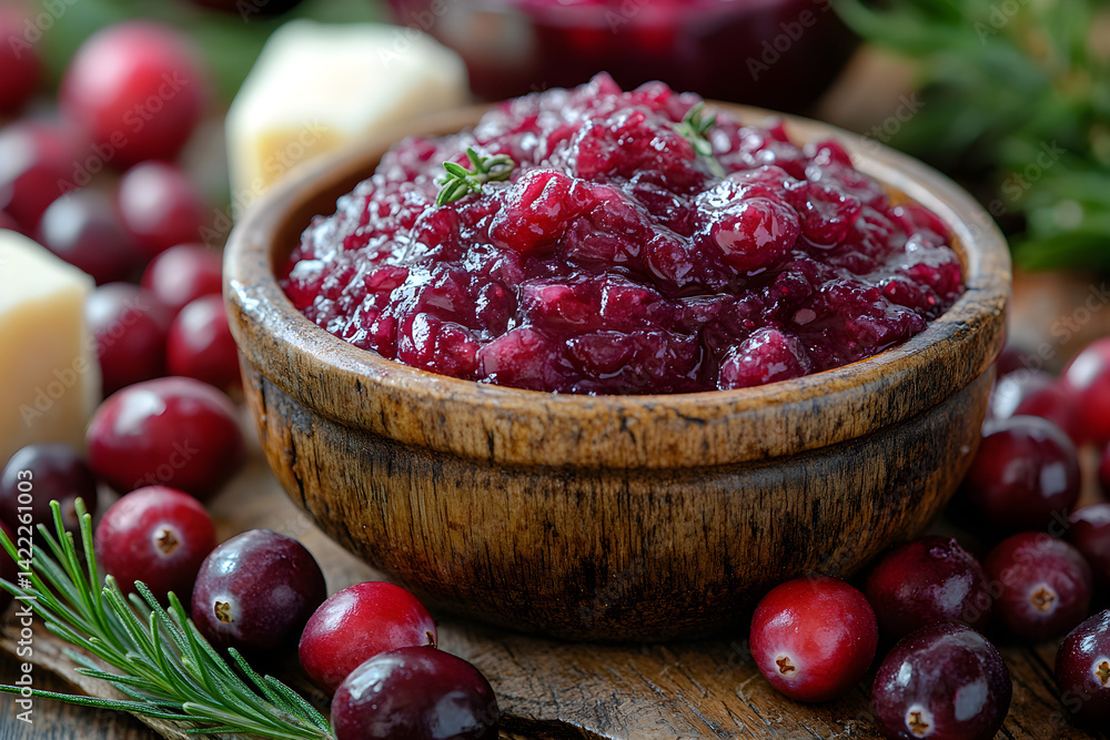 Rich cranberry sauce with bright red color and slight sheen on rustic surface