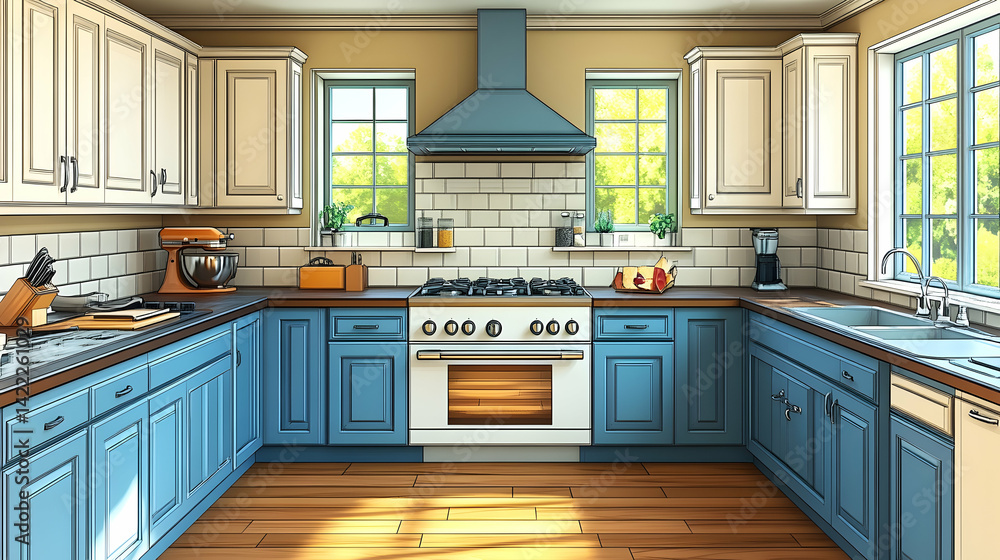 Fototapeta premium Charming kitchen with white blue cabinetry subway tile backsplash wood floors natural light streaming in through