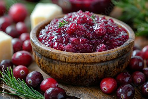 Rich cranberry sauce with bright red color and slight sheen on rustic surface