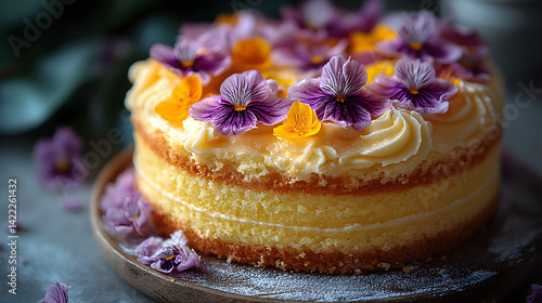 Saffron cake with a golden hue and delicate floral flavor topped with light frosting