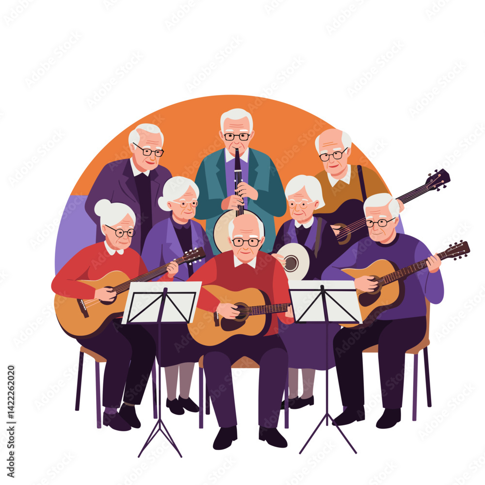 Fototapeta premium Elderly musicians playing instruments in a cheerful group setting 