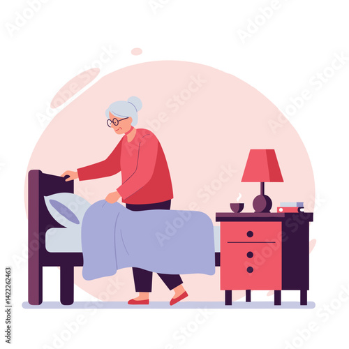 elderly woman arranging bed linens in cozy bedroom  
