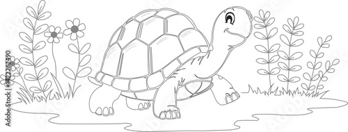 Cute cartoon turtle walking in a garden – black and white outline vector illustration for kids coloring book, slow animal character in nature scene