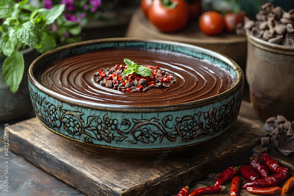 Spicy chili chocolate cake with deep cocoa flavor and subtle heat in a vintage dish