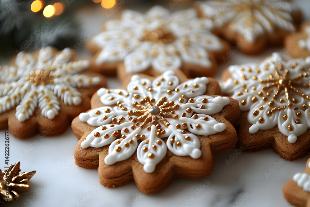 Spicy gingerbread cookies with intricate icing details and soft golden edges