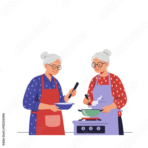 Elderly women cooking together in bright and cheerful kitchen  