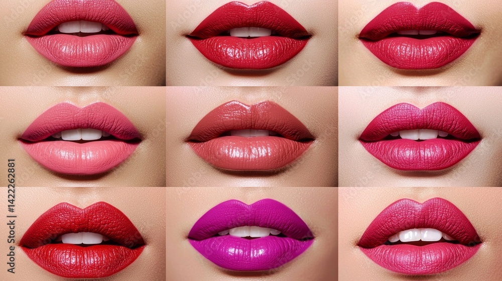 Obraz premium A row of women's lips, each with a different shade of lipstick