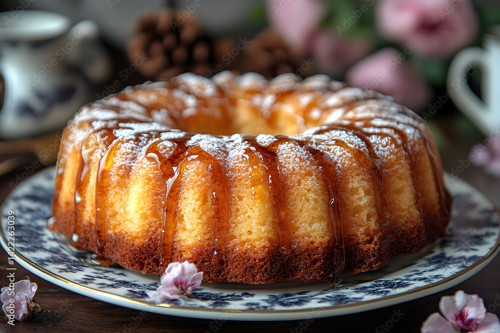 Sweet maple syrup cake with a golden crust and maple glaze served on fine plate