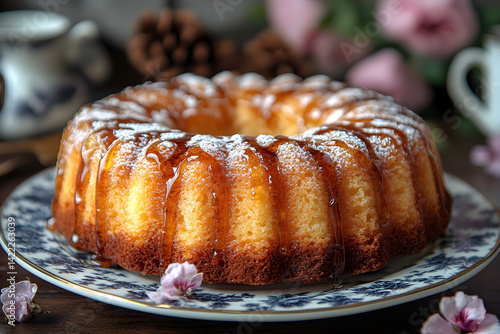 Obraz na płótnie Sweet maple syrup cake with a golden crust and maple glaze served on fine plate w salonie