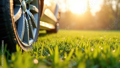 Fototapeta Naklejka Na Ścianę i Meble -  Wet car tire, grass, sunlight. Freshly washed automobile wheel glistens in sunshine. Drops sparkle, details show vehicle care. Spring season, clean auto outdoors, background natural green.