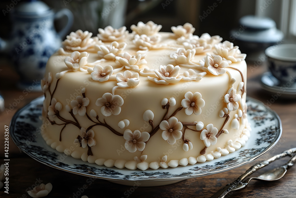 Sweet marzipan cake with soft almond paste and intricate design on fine china