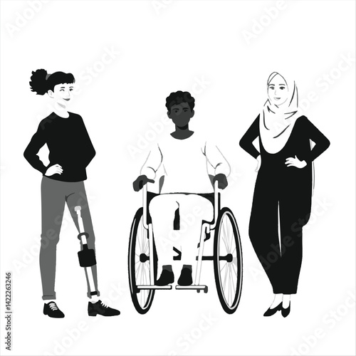 Black and white flat vector illustration three diverse people silhouettes one prosthetic leg one wheelchair one hijab confident pose inclusive empowering simple shapes