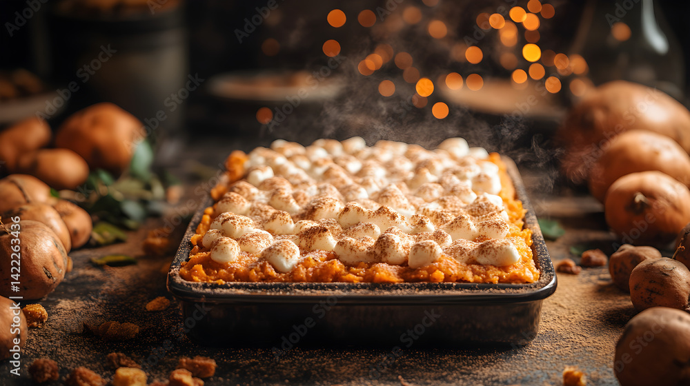 Sweet potato casserole with marshmallow topping and golden brown crust