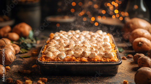 Obraz na płótnie Sweet potato casserole with marshmallow topping and golden brown crust w salonie