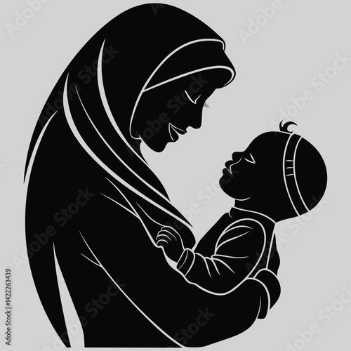 Wearing a hijibe  mother holding baby in arms image silhouette design vector art and illustration