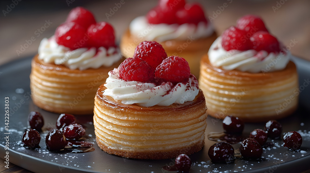 Tartlets filled with vanilla cream and topped with fresh fruit on elegant dish