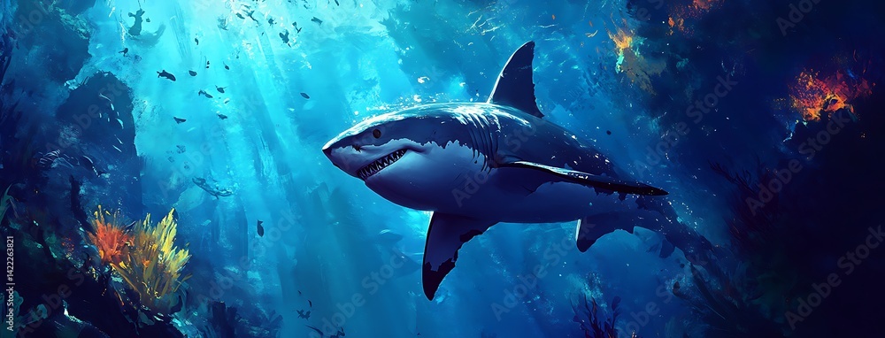Fototapeta premium great shark swimming in the deep blue ocean