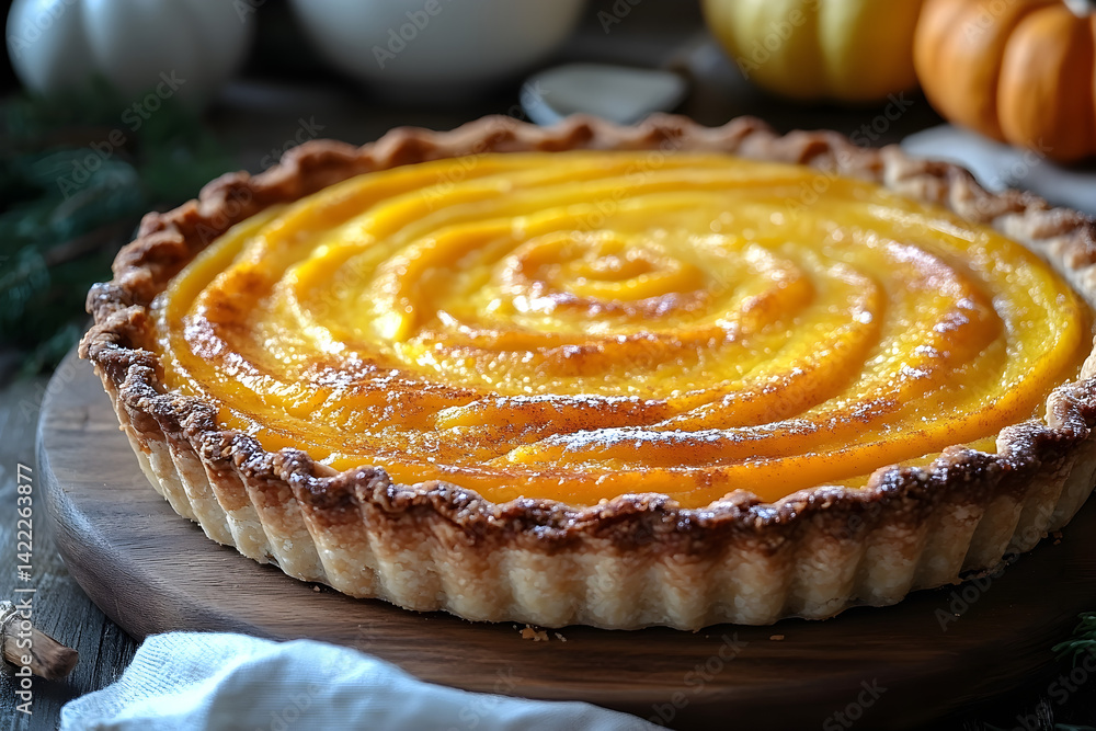 Traditional spiced pumpkin pie with smooth filling and golden-brown crust on rustic table