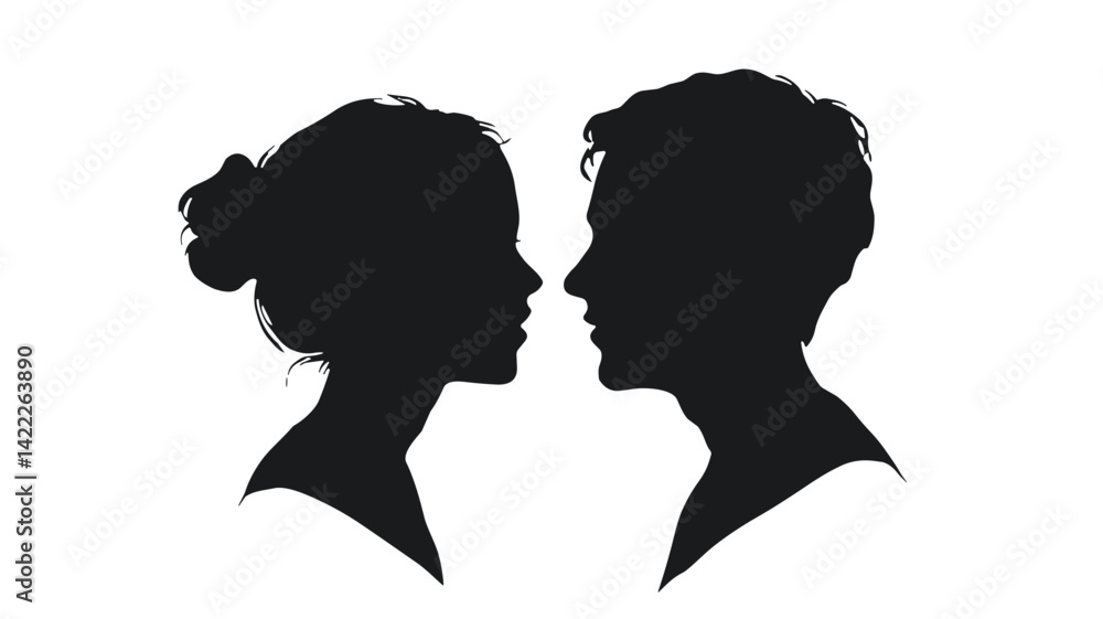Man and woman facing each other in silhouette on white
Man and woman facing each other in silhouette on white