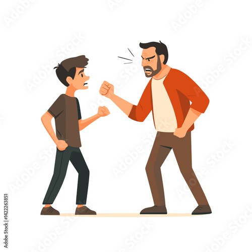 Father and teenage son arguing with angry expressions
