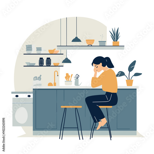 Sad woman sitting alone at kitchen counter in modern flat
