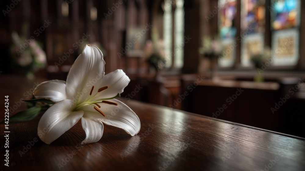A single white lily resting on a polished wooden table, softly blurred chapel interior with stained glass in muted tones, A single white lily resting on a polished wooden table, softly blurred chapel interior with stained glass in muted tones,