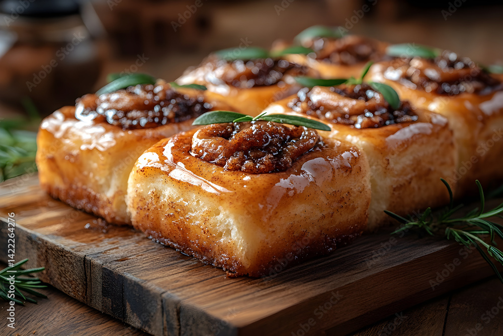 Warm cinnamon rolls with gooey filling and smooth icing on a rustic wooden table