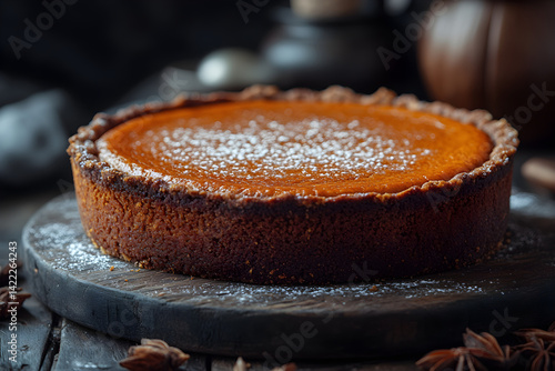 Traditional spiced pumpkin pie with smooth filling and golden-brown crust on rustic table