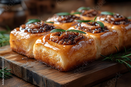 Obraz na płótnie Warm cinnamon rolls with gooey filling and smooth icing on a rustic wooden table w salonie