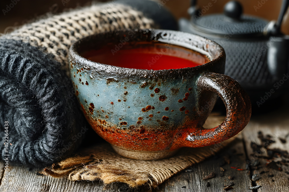 Warm rooibos tea with rich red hue in ceramic mug and cozy atmosphere