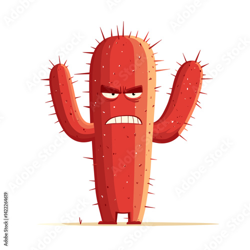 Angry cartoon cactus character with raised arms and frown face
