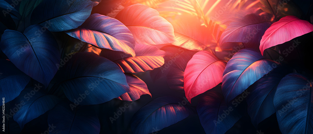 Red and cyan neon light reflecting off lush tropical leaves creating a futuristic botanical scene with bold highlights and abstract foliage glow
