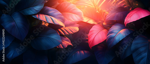 Obraz na płótnie Red and cyan neon light reflecting off lush tropical leaves creating a futuristic botanical scene with bold highlights and abstract foliage glow w salonie