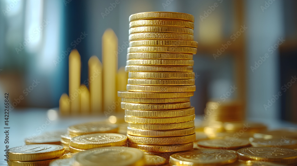 Stack of gold coins growing in height, next to bar graph rising in the background, soft blue and gold palette, clean investment concept visual