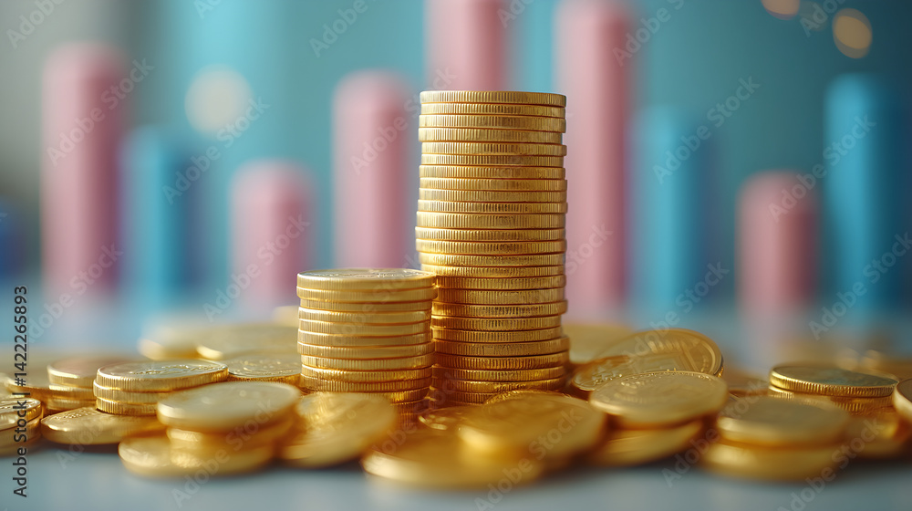 Stack of gold coins growing in height, next to bar graph rising in the background, soft blue and gold palette, clean investment concept visual