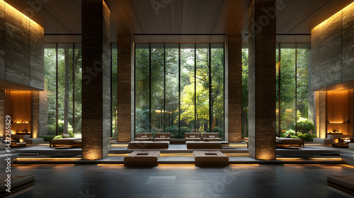 Modern hotel lobby with garden views