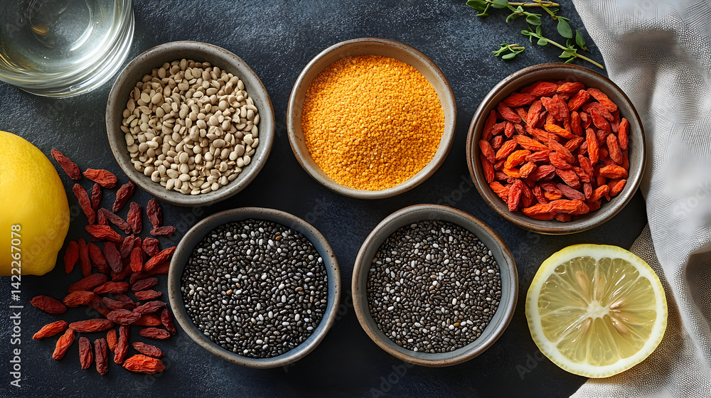 Overhead view of a flatlay with various superfoods in small bowls: chia seeds, goji berries, cacao nibs, and flaxseeds, with a linen cloth and glass of water with lemon slices, soft and clean lighting