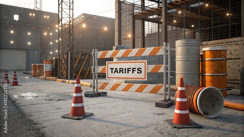 Tariffs Roadblock: Construction site with tariff sign on barrier.