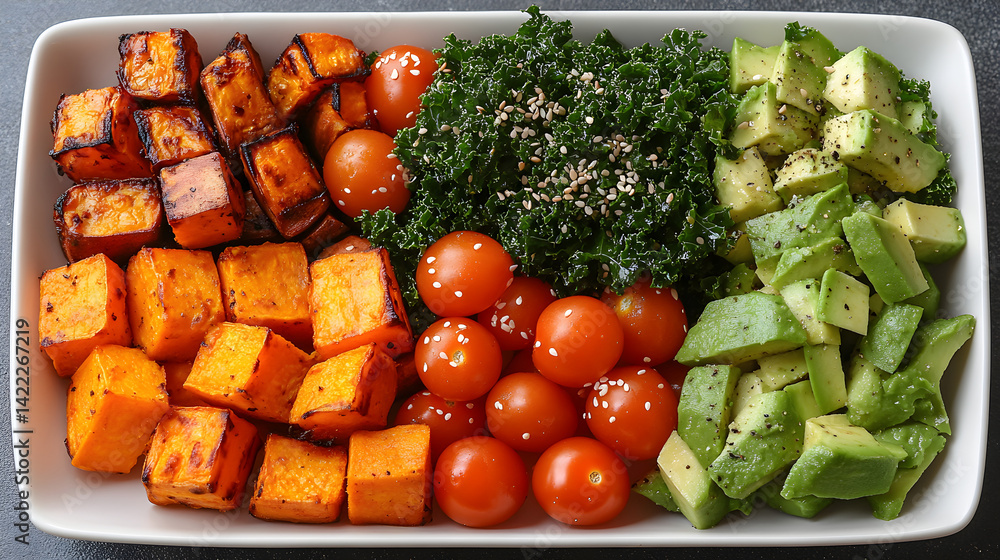 Vibrant assortment of superfoods laid out on a white plate: kale, avocado, roasted sweet potato, cherry tomatoes, and a sprinkle of sesame seeds, with an overhead shot and natural lighting